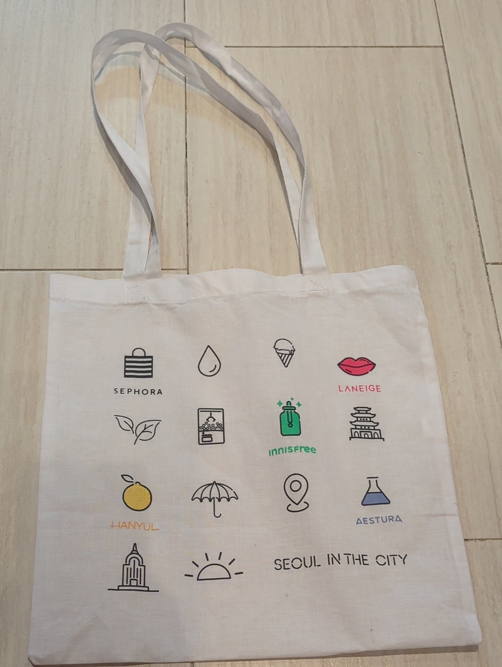 White Linen Tote Bag with Cosmetic Icons